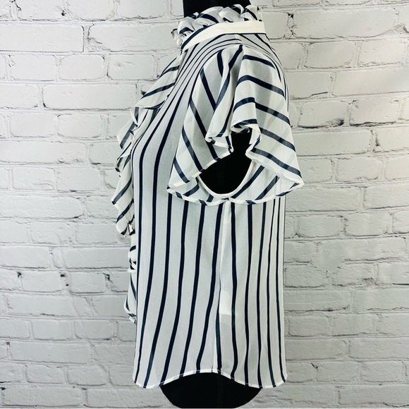 LAUREN RALPH LAUREN STRIPED RUFFLE TRIM CHIFFON BLOUSE SIZE (XSP). - Picture 10 of 14